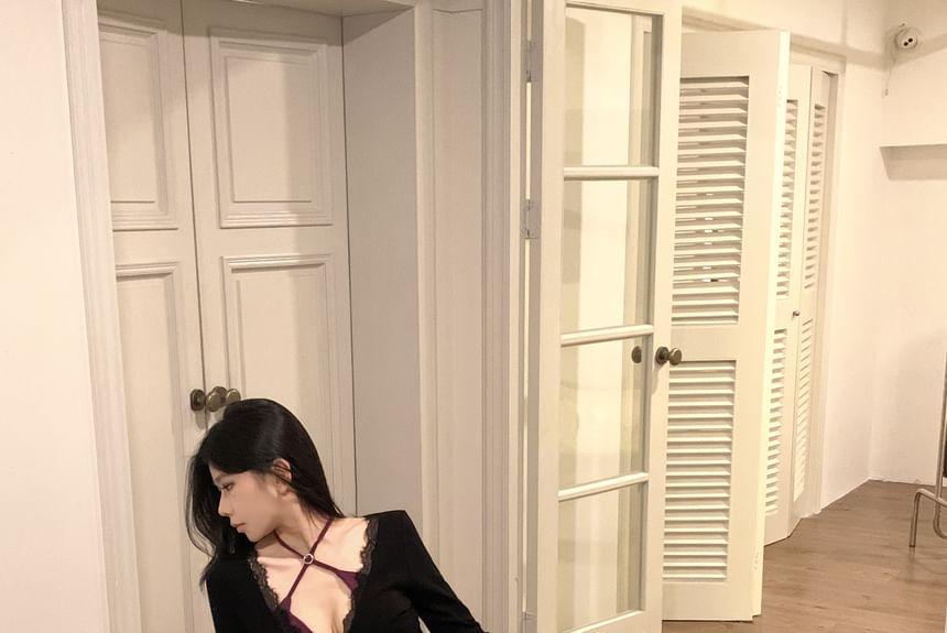Set: Long-Sleeve Asymmetrical Lace Crop Top + Halter Neck Top Product Image