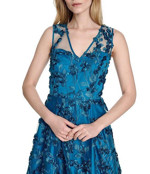 Eliza J Embroidered Mesh V-Neck 3D Floral Fit and Flare A-Line Midi Dress Product Image