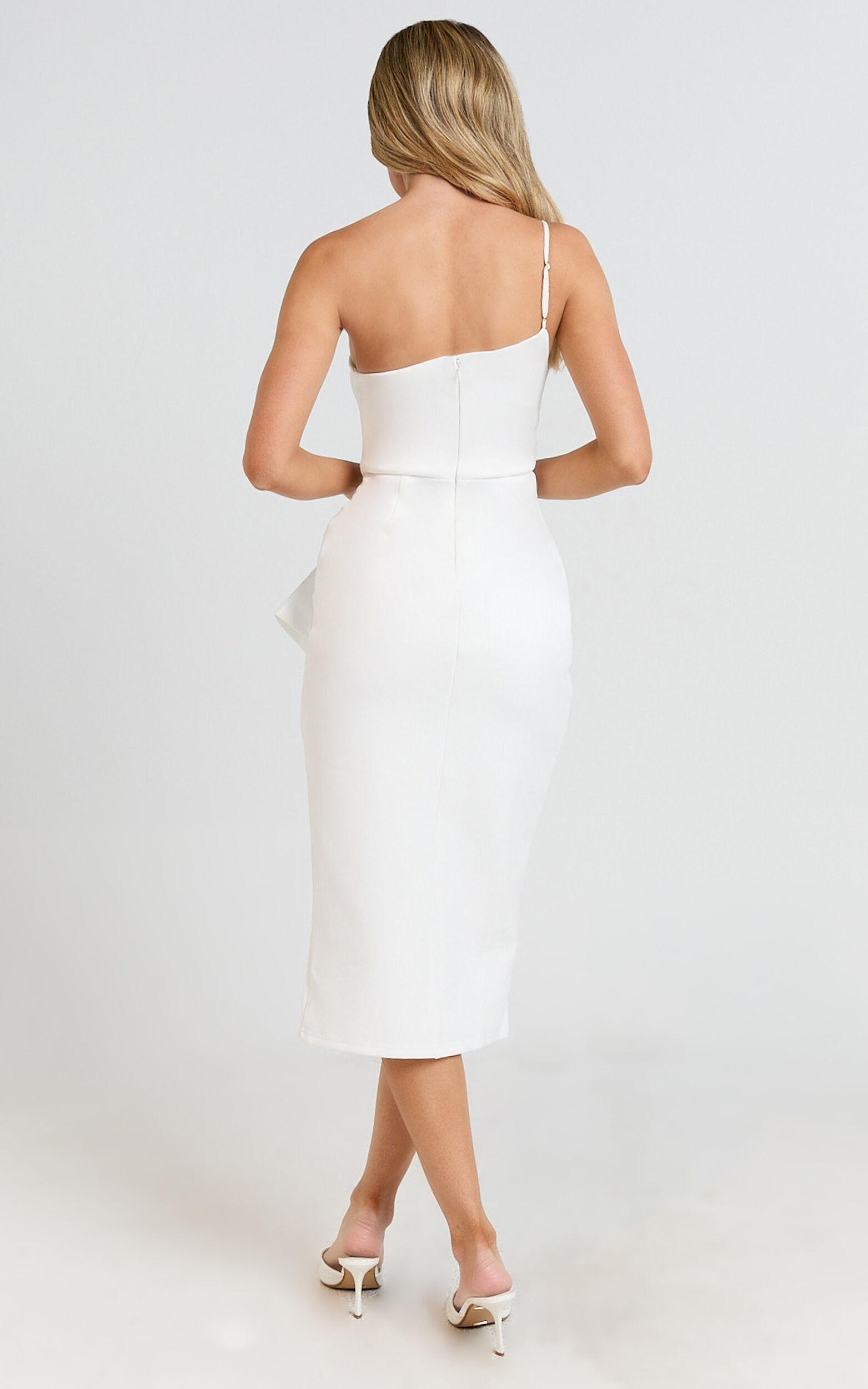 Marcelita Midi Dress - One Shoulder Drape Detail Faux Wrap Dress in White Product Image