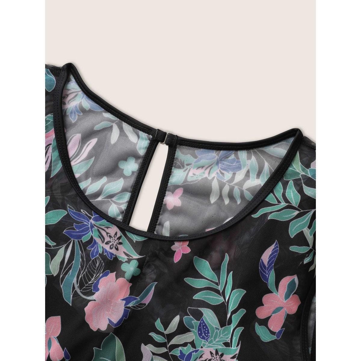 Plus Size U Neck Tropical Print See Through Swim Dress Women's Swimwear Black Beach Bodycon U-neck High stretch Curve Swim Dresses BloomChic 14-16/1X Product Image