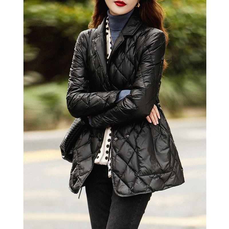 Lapel Collar Plain Quilted Double-Breasted Jacket Product Image