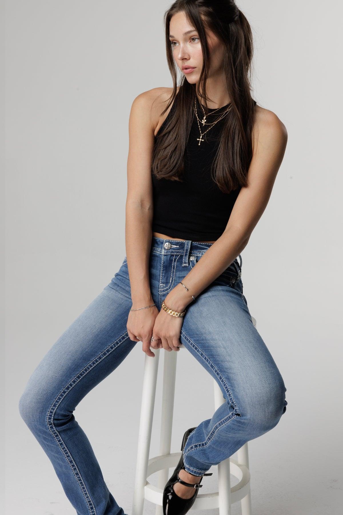 Glimmering Cross-Stitch Straight Jeans Product Image