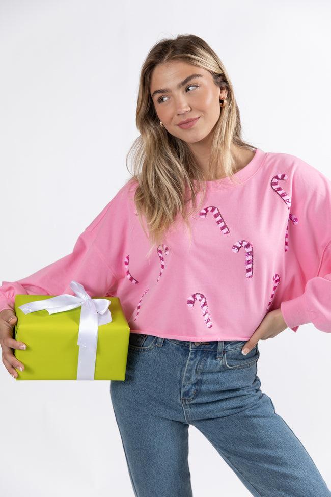 Candy Cane Dreams Pink Sequin Patch Sweatshirt FINAL SALE Product Image