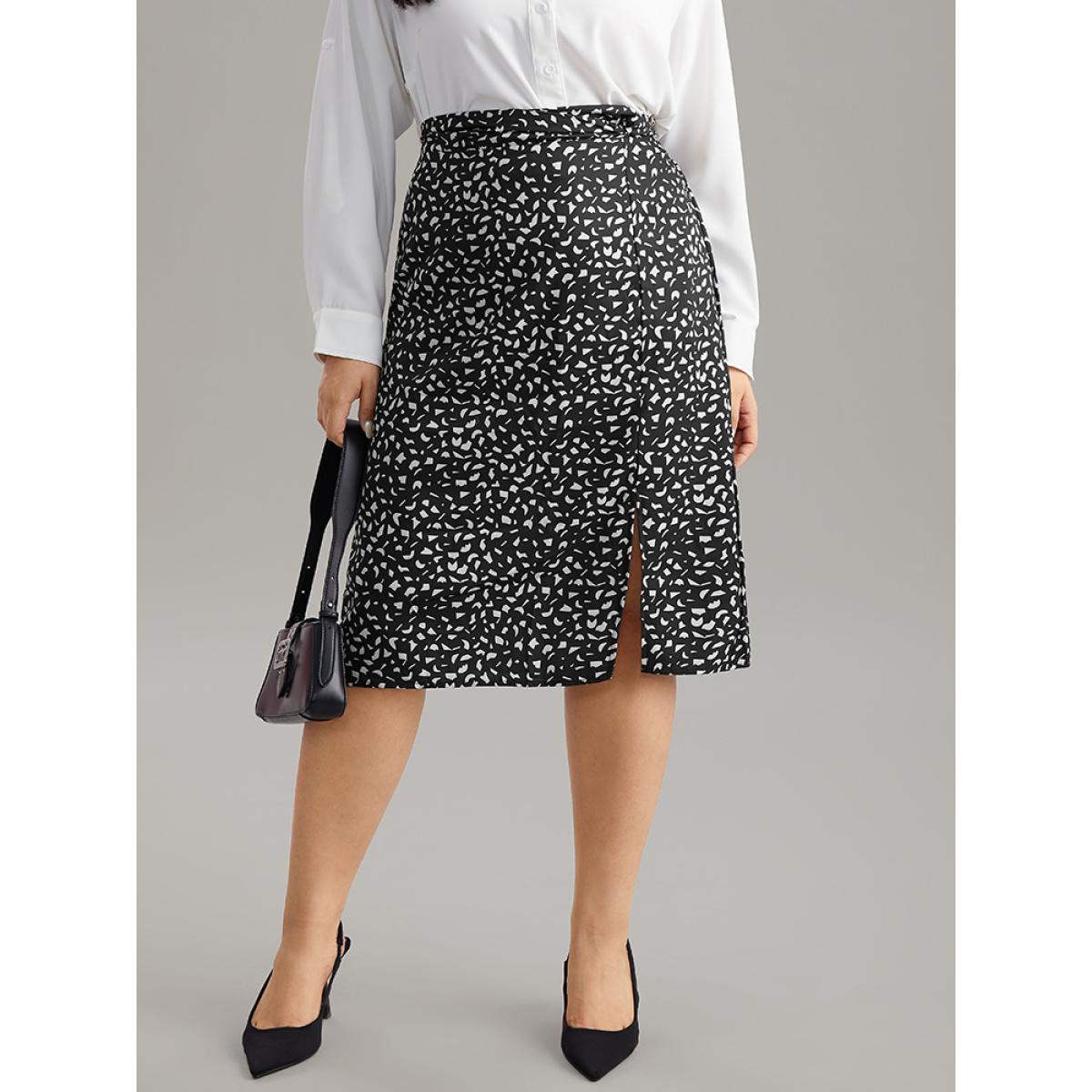 Plus Size Geometric Graphic Twist Front Split Side Skirt Women Black Office Slit Bodycon No stretch Work Skirts BloomChic 12/L Product Image