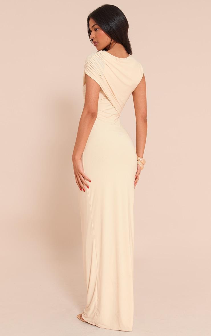 Tall Almond Double Layer Slinky Off Shoulder Drape Maxi Dress Product Image