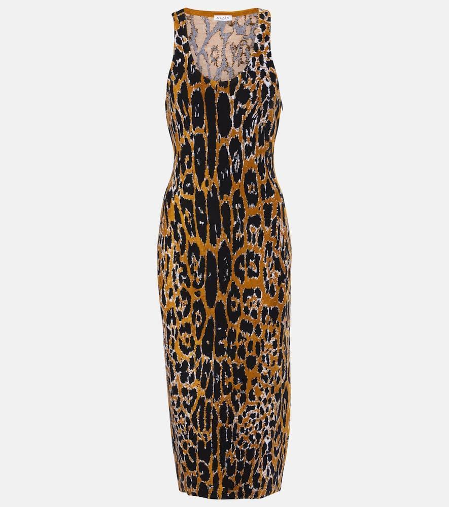 ALAÏA Leopard Printed Jacquard Knit Maxi Dress In Animal Product Image