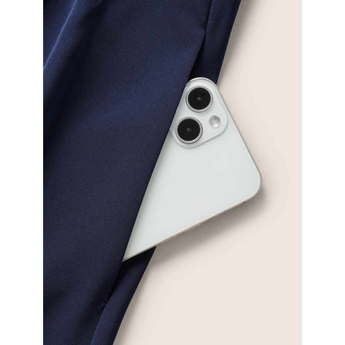 Plus Size Plain Pleated Button Through Cap Sleeve Dress Indigo Women At the Office Gathered Shirt collar Cap Sleeve Curvy Midi Dress BloomChic 28/5X Product Image
