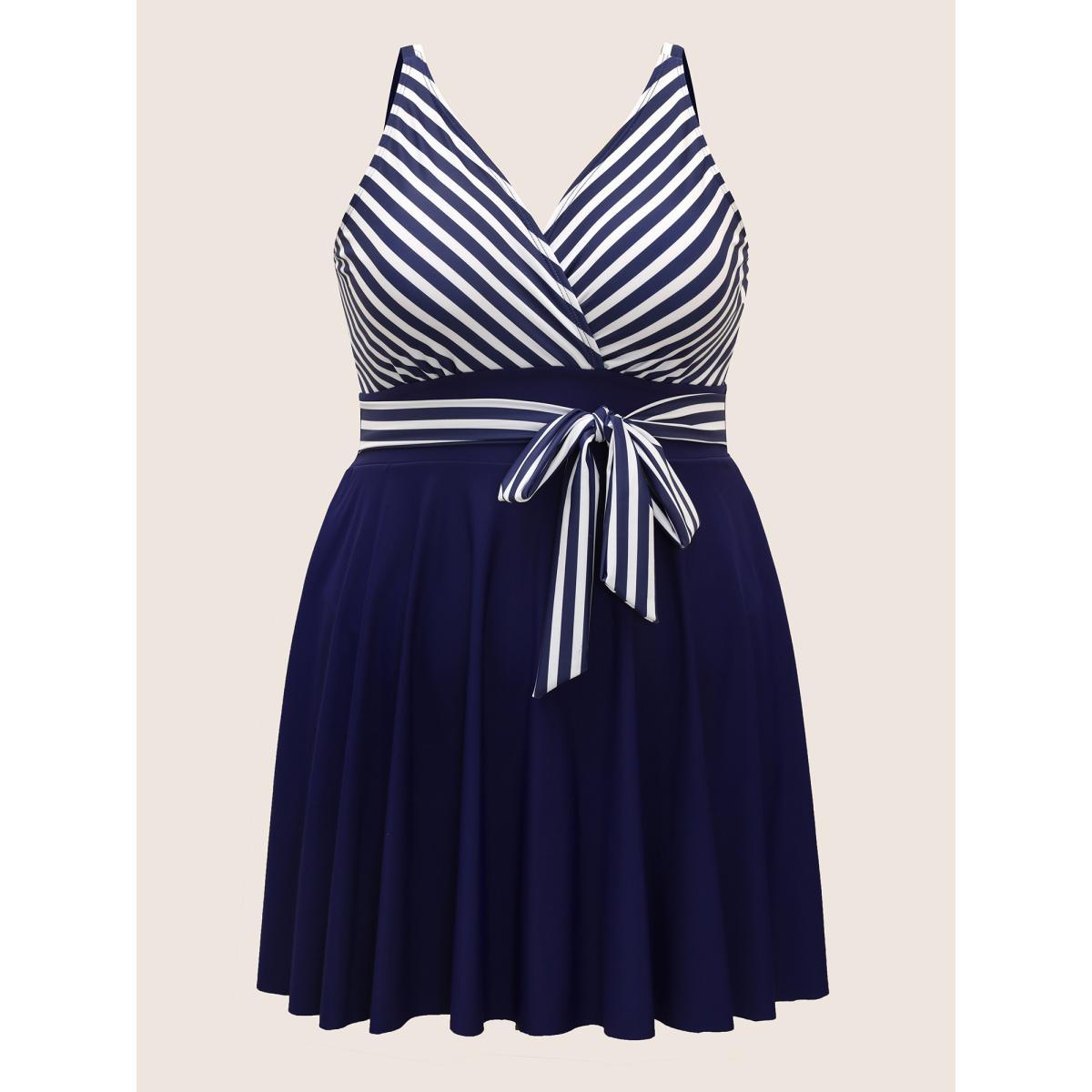 Plus Size Striped Patchwork Wrap Tie Knot Swim Dress Women's Swimwear Indigo Beach Bodycon Overlap Collar High stretch Curve Swim Dresses BloomChic 18-20/2X Product Image