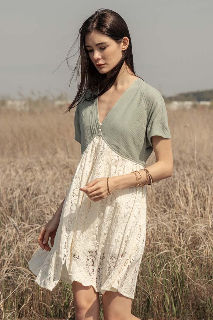 V Neck Color Block Mini Lace Dress Product Image