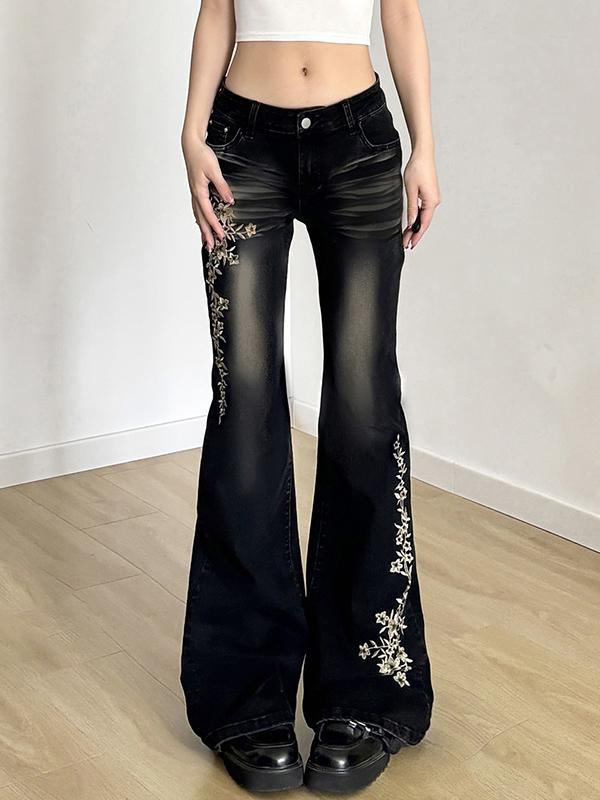 American Vintage Rose Embroidery Flare Jeans Product Image