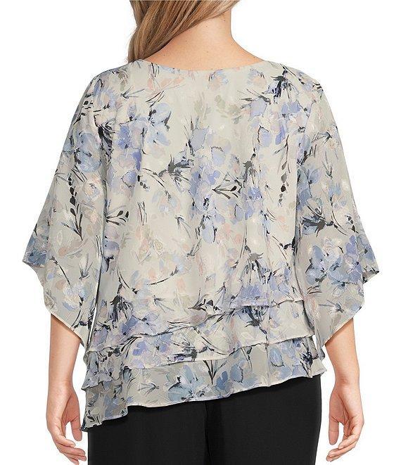 Alex Evenings Plus Size 3/4 Sleeve Boat Neck Asymmetrical Triple Tier Floral Chiffon Blouse Product Image