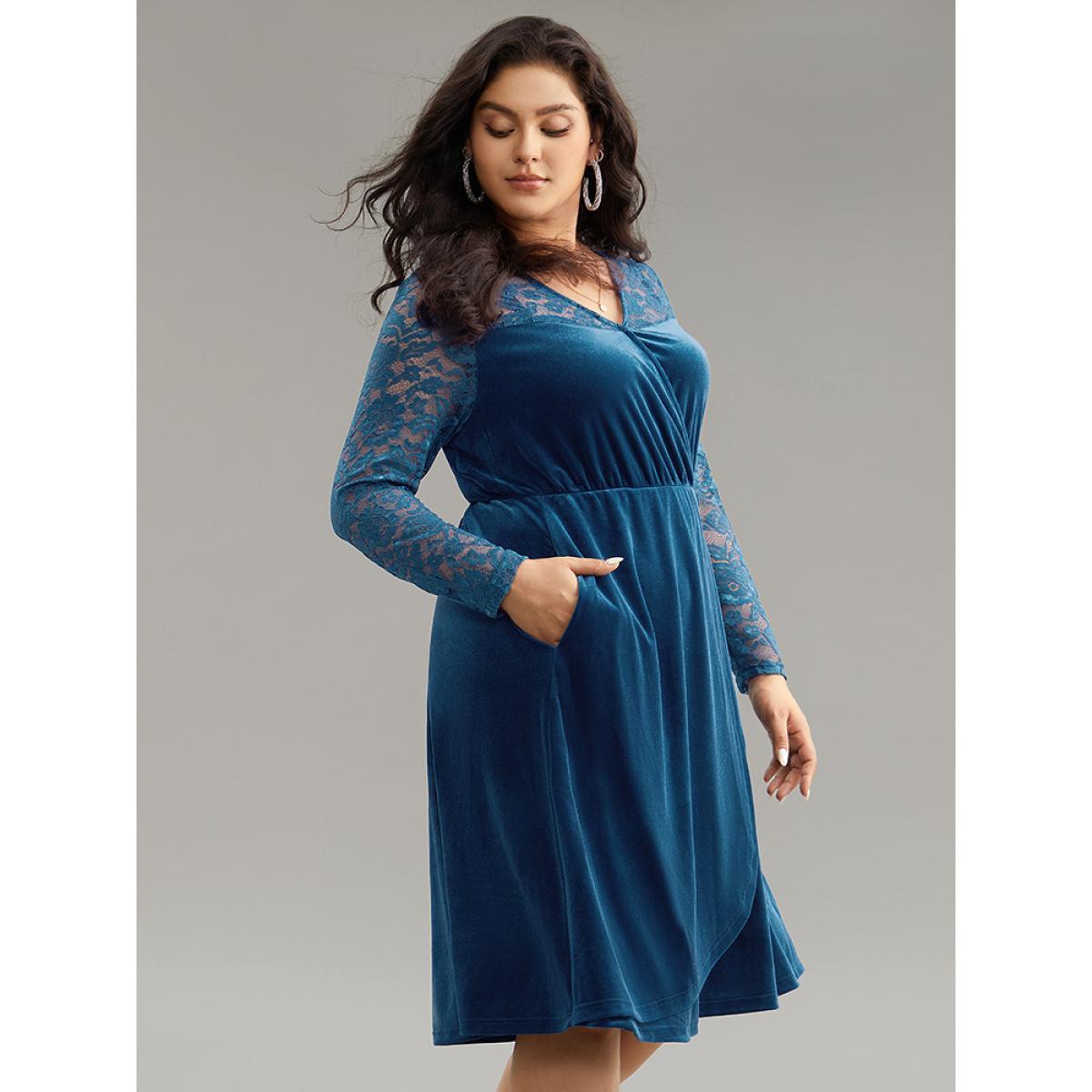 Plus Size Velvet Guipure Lace Wrap Dress Aegean Women Glamour Wrap Overlap Collar Long Sleeve Curvy Knee Dress BloomChic 26/4X Product Image