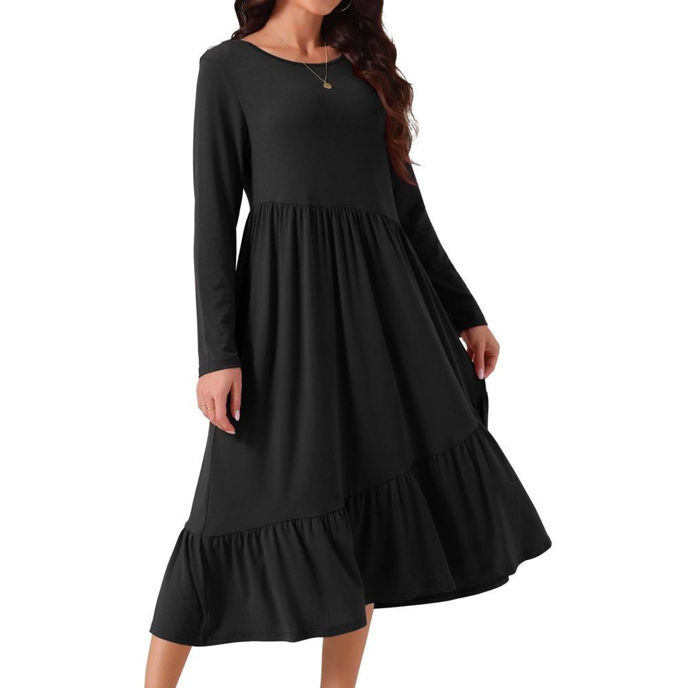 Seta T Women's Fall Long Sleeve Crewneck Pleated Tiered Swing Midi Dress with Pockets Product Image