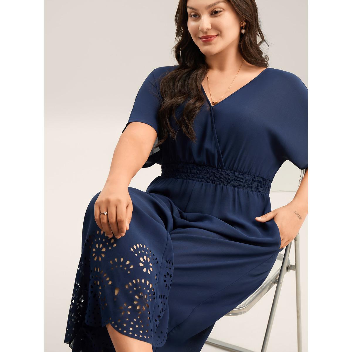 Plus Size Navy Laser-Cut Hem Shirred Wide-Leg Jumpsuit Women Short sleeve Overlap Collar Everyday-Elegant Loose Jumpsuits BloomChic 14-16/1X Product Image