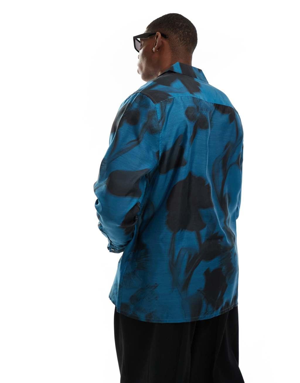 ASOS DESIGN relaxed revere shirt with faded floral print in blue  Product Image