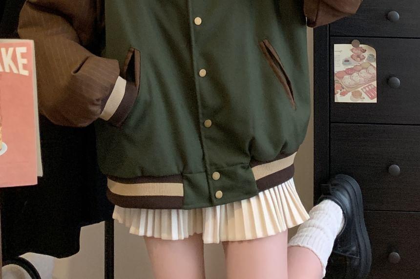 Lettering Two-Tone Button-Up Baseball Jacket Product Image