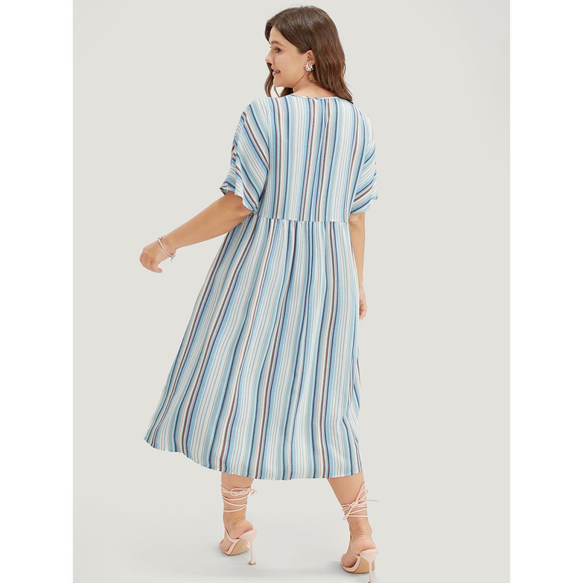 Plus Size Striped Contrast Pocket Lace Batwing Sleeve Midi Dress Blue Women Vacation Patchwork V-neck Short sleeve Curvy Midi Dress BloomChic 22-24/3X Product Image
