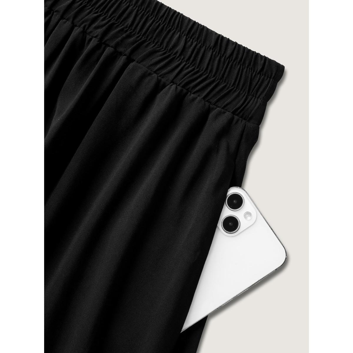 Plus Size Shirred Lace Trim Pleated Midi Skirt Women Pureblack Loose No stretch Side seam pocket Work Skirts BloomChic 28/5X Product Image