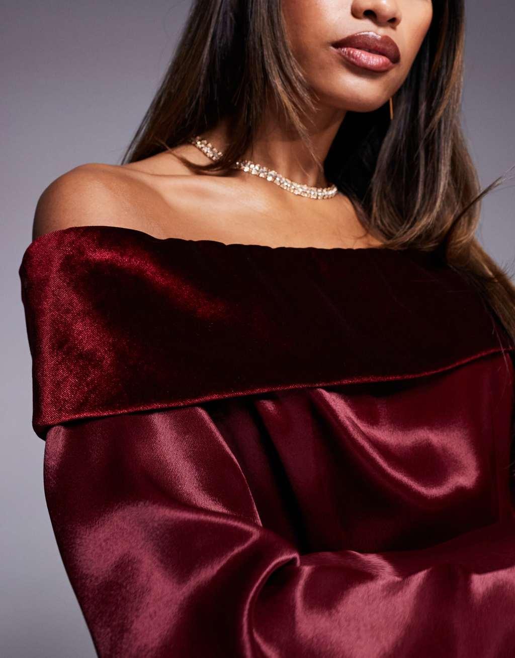 ASOS DESIGN velvet fold-over mini dress with angel sleeve in burgundy Product Image