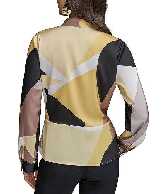 Donna Karan V-Neck, Long Sleeve Woven Print Faux Wrap Blouse Product Image