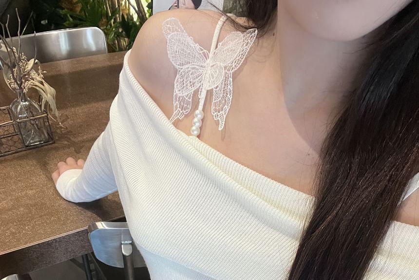 Long-Sleeve Off-Shoulder Plain Butterfly Accent Knit Top Product Image