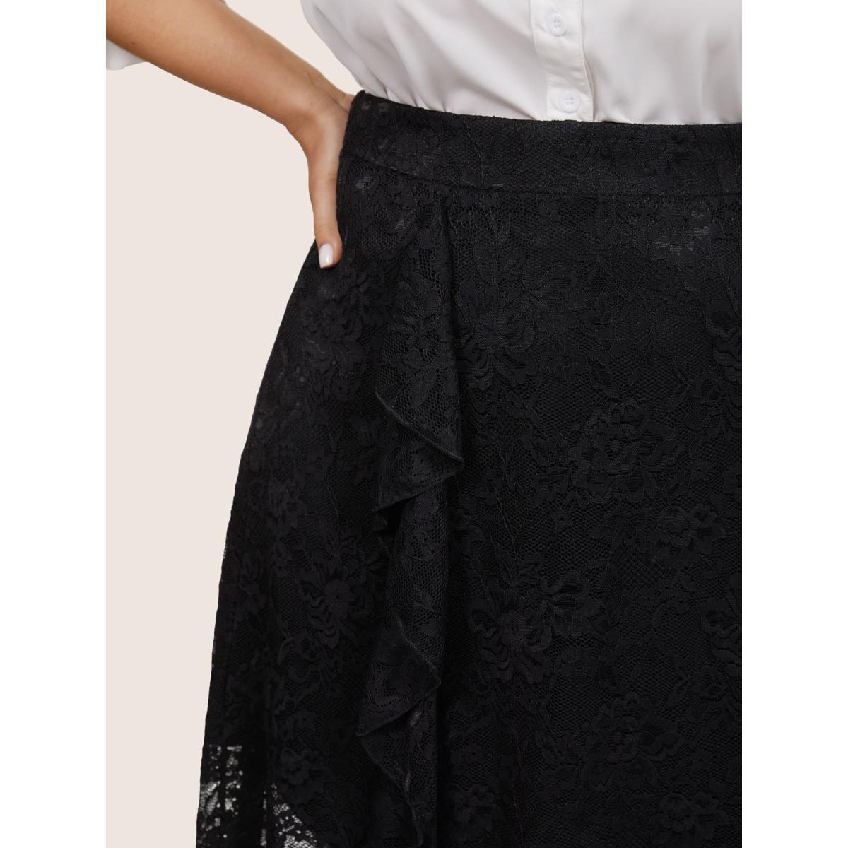 Plus Size Guipure Lace Elastic Waist Asymmetrical Ruffles Skirt Women Black At the Office Lined No stretch Work Skirts BloomChic 18-20/2X Product Image