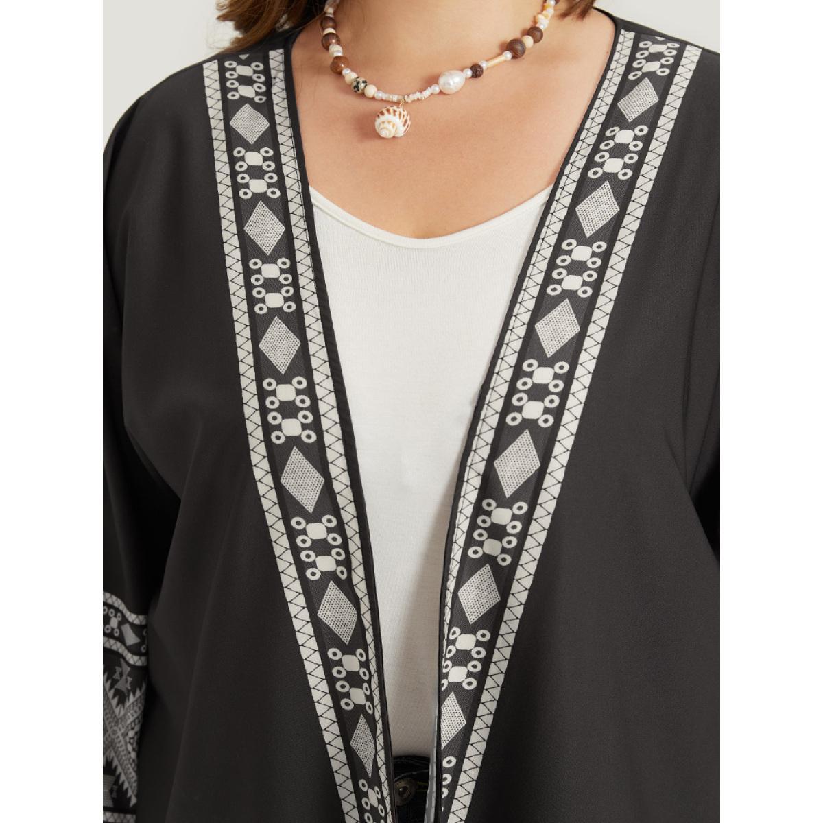 Plus Size Boho Print Open Front Pocket Split Hem Kimono Women Black Casual Printed Loose Pocket Dailywear Kimonos BloomChic 18-20/2X Product Image