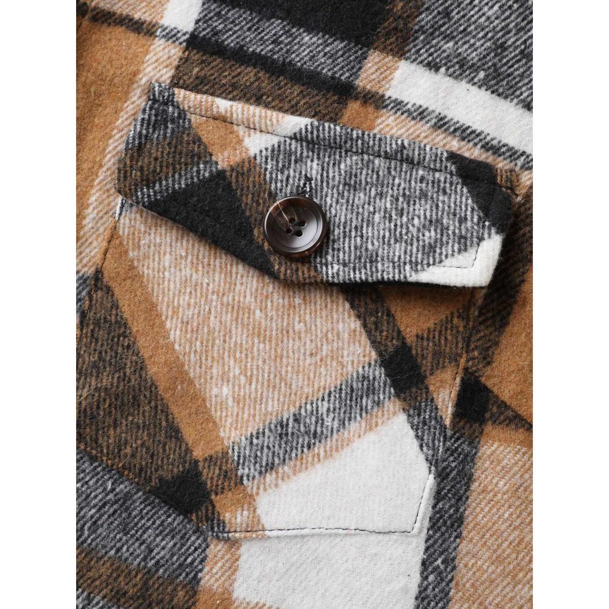 Plus Size Plaid Chest Pockets Long Jacket Women Bronze Button Loose Side seam pocket Everyday Jackets BloomChic 18-20/2X Product Image