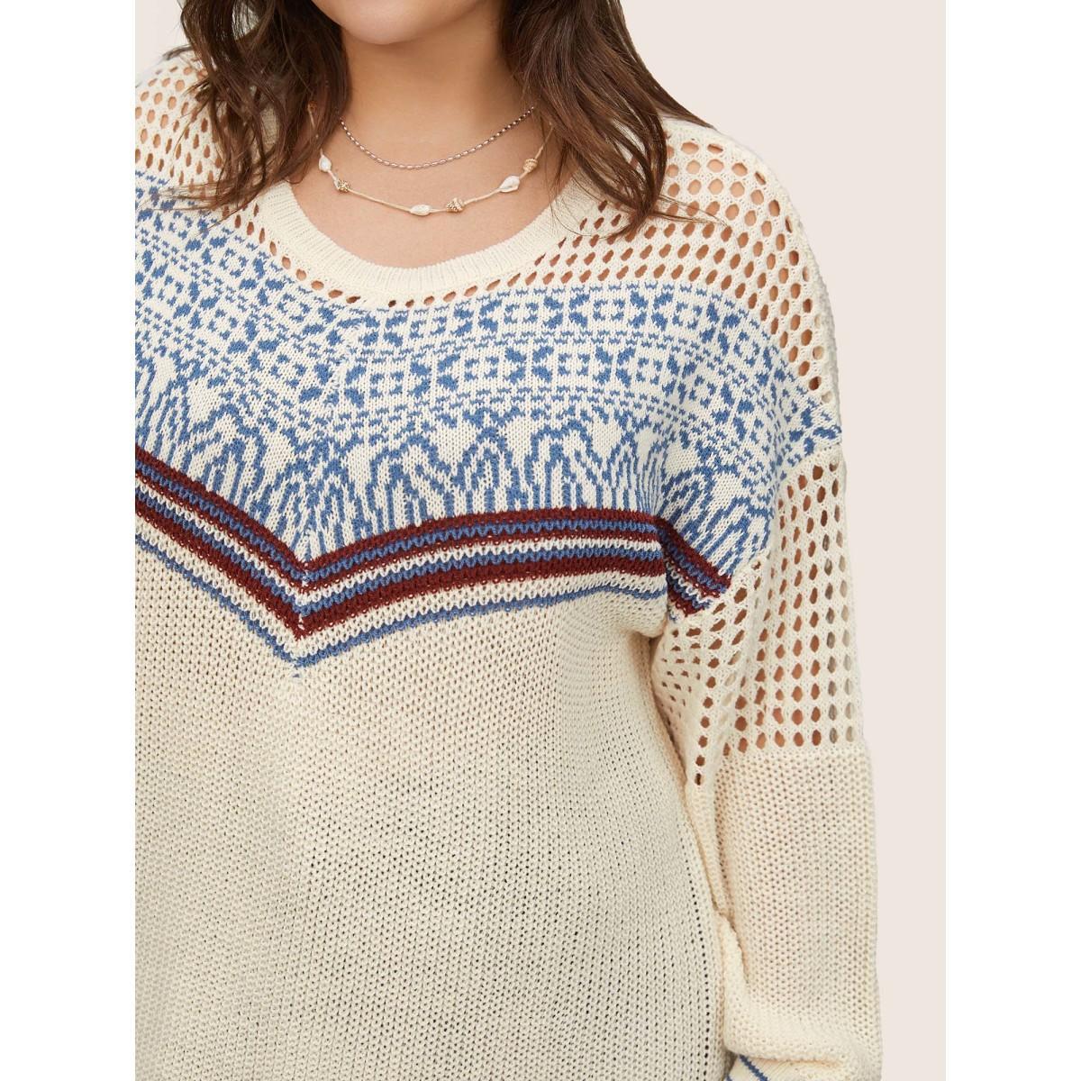 Plus Size Graphic Contrast Patchwork Hollow Out Pullover Beige Women Casual Long Sleeve Round Neck Everyday Pullovers BloomChic 26/4X Product Image