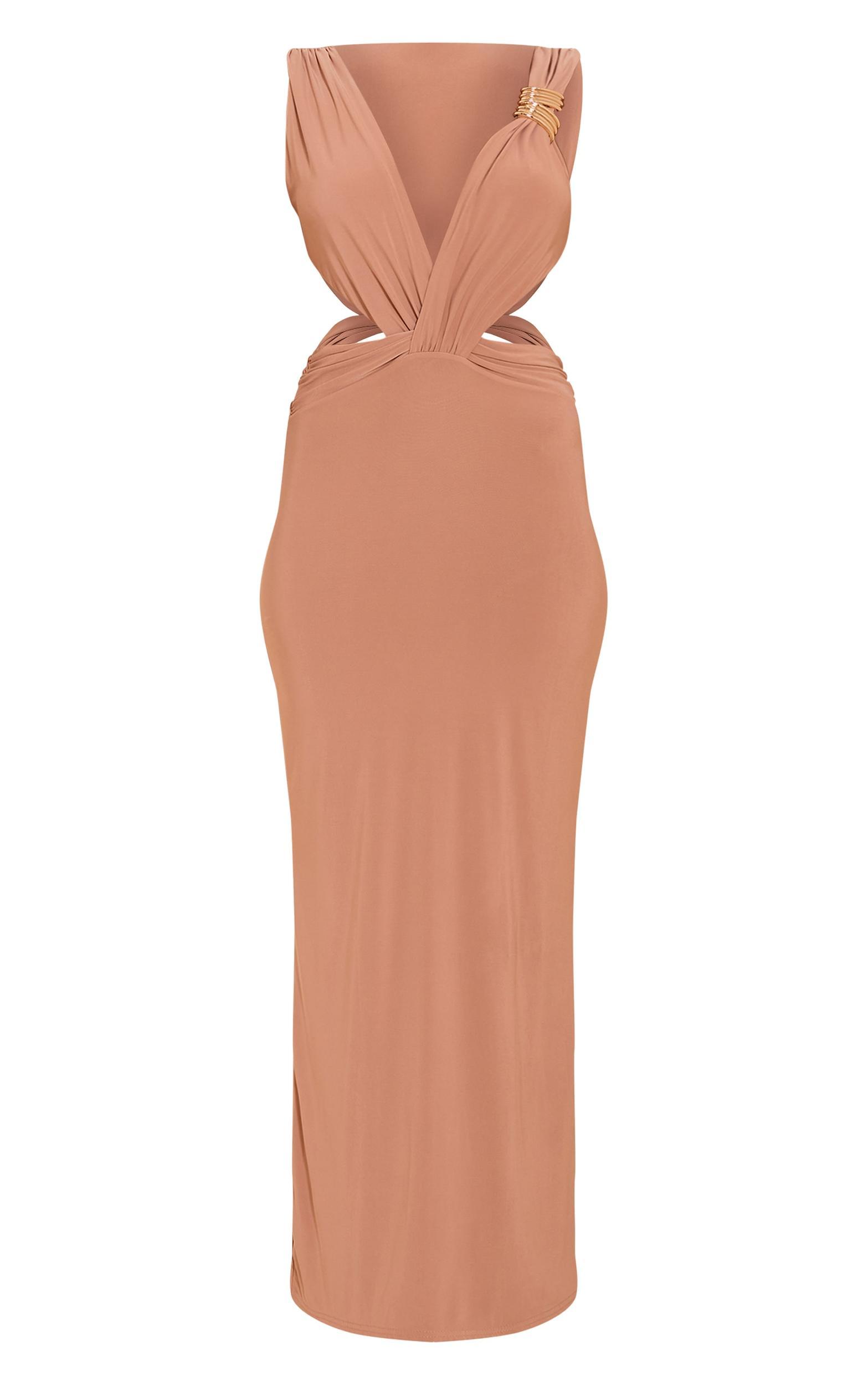 Beige Double Layer Slinky Plunge Cut Out Maxi Dress Product Image