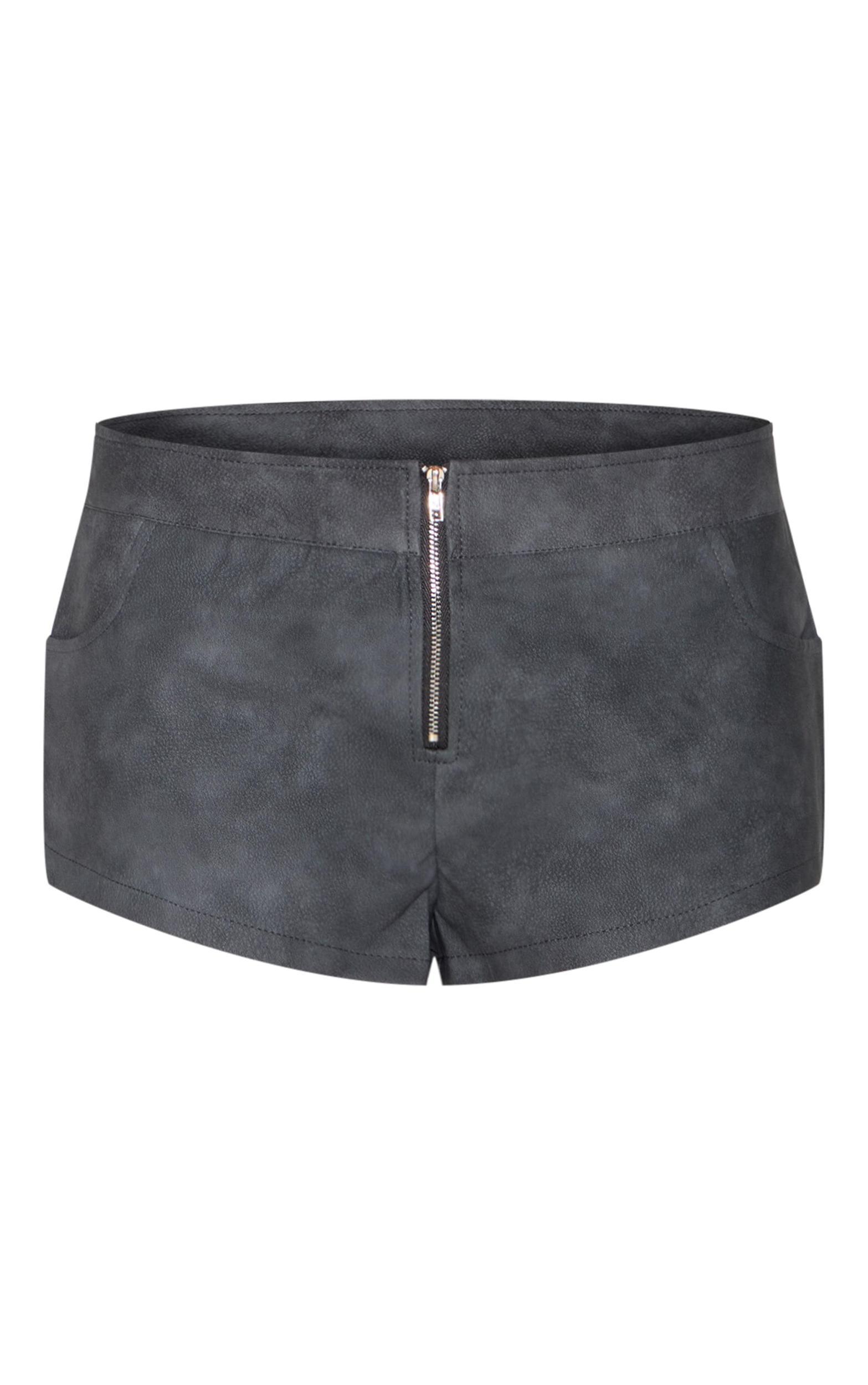 Charcoal Textured Faux Leather Zip Front Low Rise Hot Pants Product Image