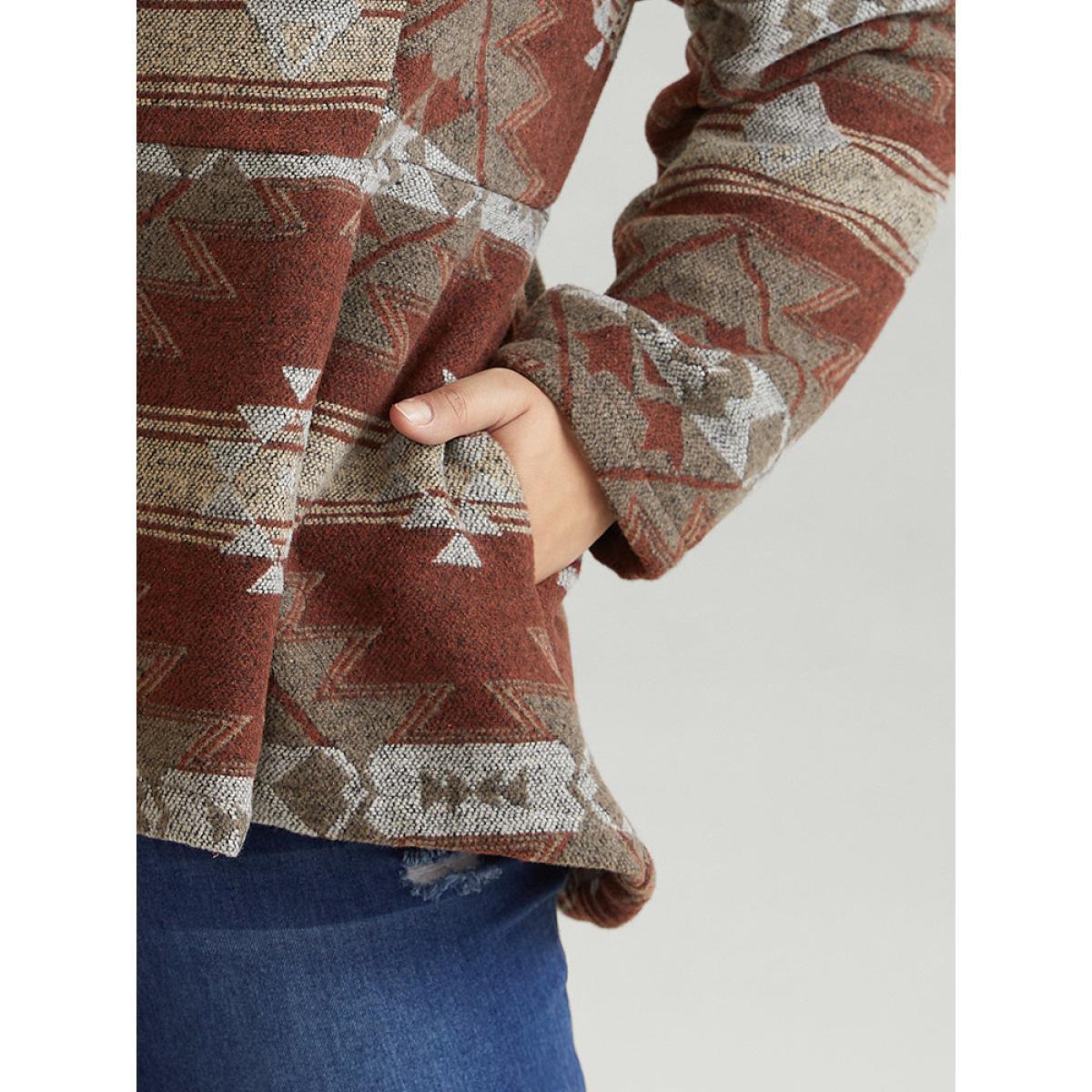 Plus Size Geometric Boho Print Pleated Pocket Coat Women Multicolor Casual Lined Ladies Dailywear Winter Coats BloomChic 22-24/3X Product Image