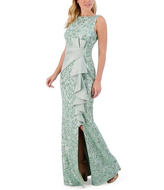 Eliza J Sequin Lace Boat Neck Sleeveless Ruffle Front Slit Gown Product Image