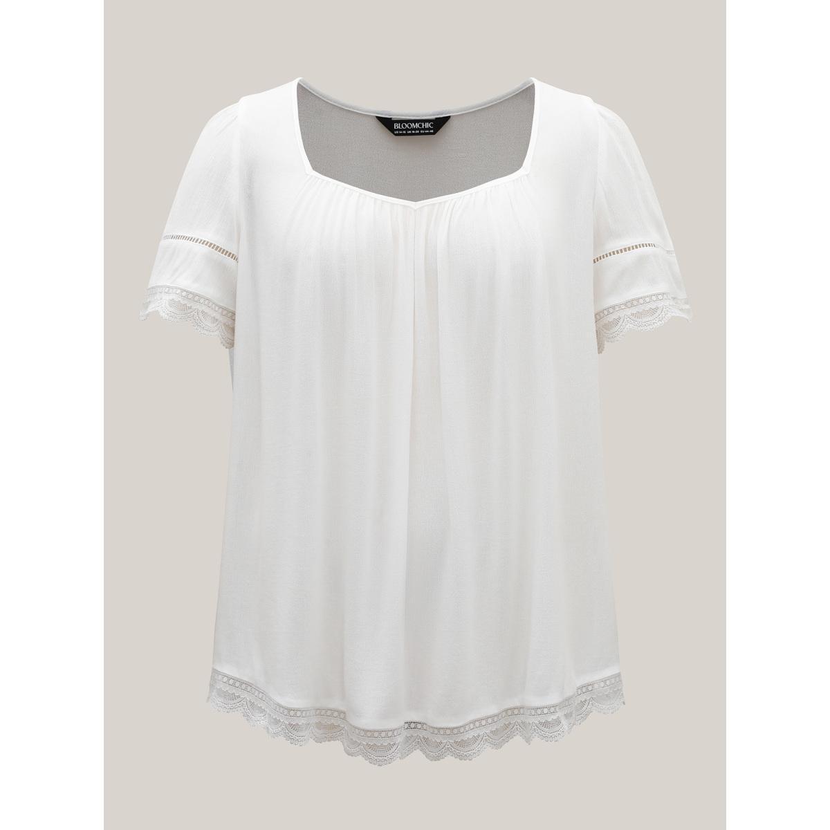 Plus Size WhiteSmoke Rayon Flowy Lace Trim Solid Blouse Women Short sleeve Heart neckline Everyday-Casual Blouses BloomChic 28/5X Product Image