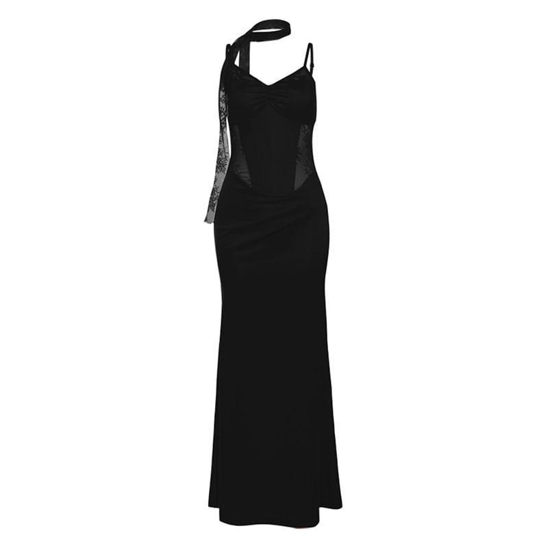 Spaghetti Strap V-Neck Plain Ruched Panel Lace Maxi Sheath Dress Product Image