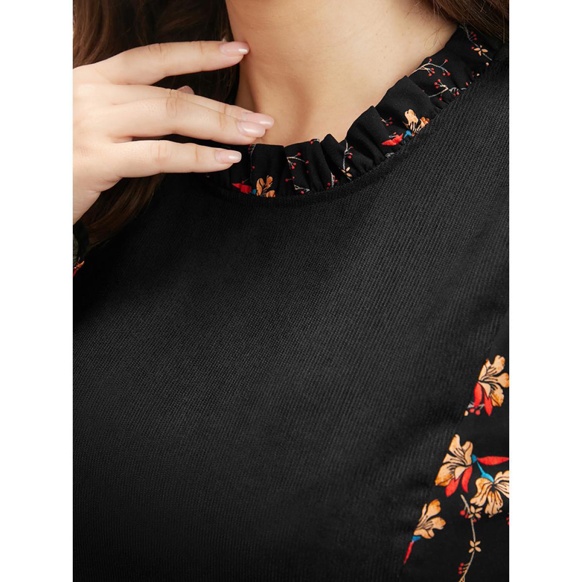 Plus Size Floral Patchwork Ruffle Trim Pocket Zipper Dress Black Women Elegant Zipper Stand-up collar Long Sleeve Curvy Midi Dress BloomChic 14-16/1X Product Image