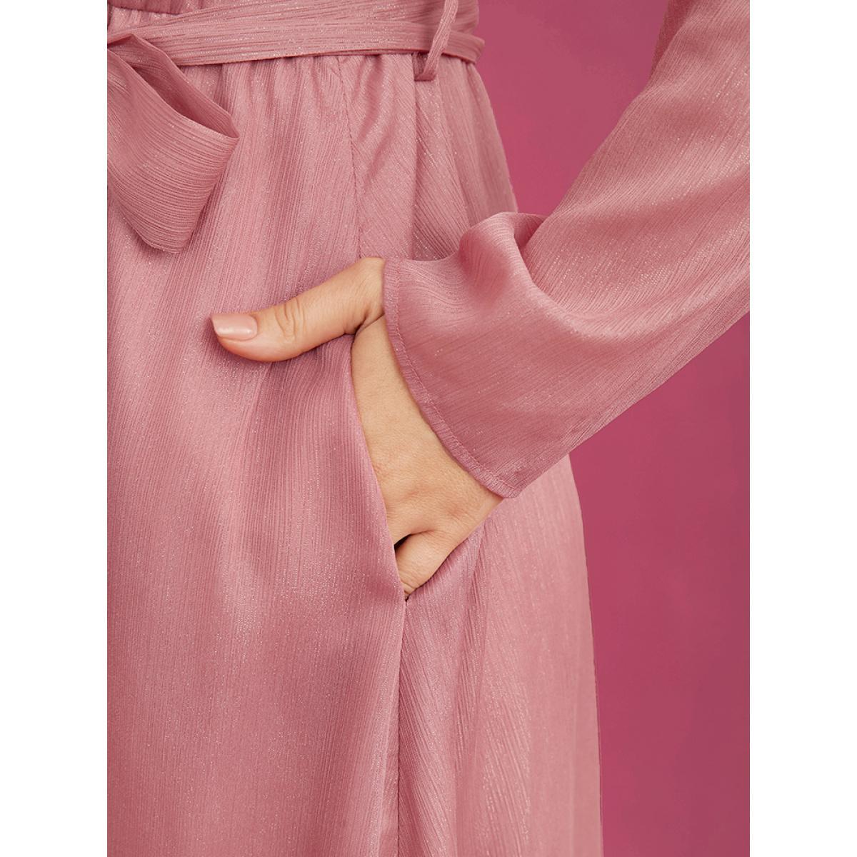 Plus Size Solid Pocket Belted Surplice Neck Midi Dress DustyPink Women Elegant Belted V-neck Long Sleeve Curvy Midi Dress BloomChic 12/L Product Image