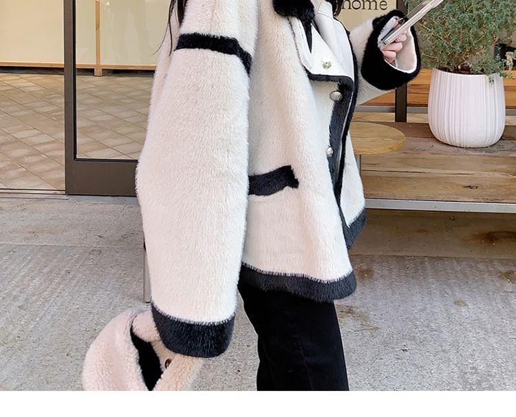 Stand Collar Contrast Trim Fluffy Button-Up Jacket Product Image