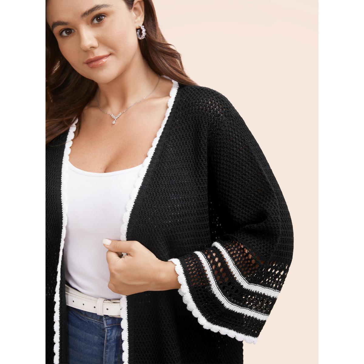 Plus Size Solid Contrast Trim Bell Sleeve Cardigan Black Women Beach Loose Elbow-length sleeve Vacation Cardigans BloomChic 30/6X Product Image