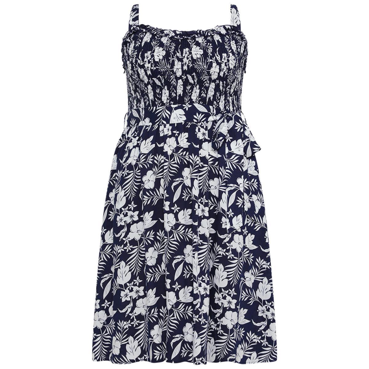 Plus Size Floral Print Spaghetti Strap Shirred Belted Pocket Dress DarkBlue Women Elegant Belted Spaghetti Strap Sleeveless Curvy Midi Dress BloomChic 10/M Product Image