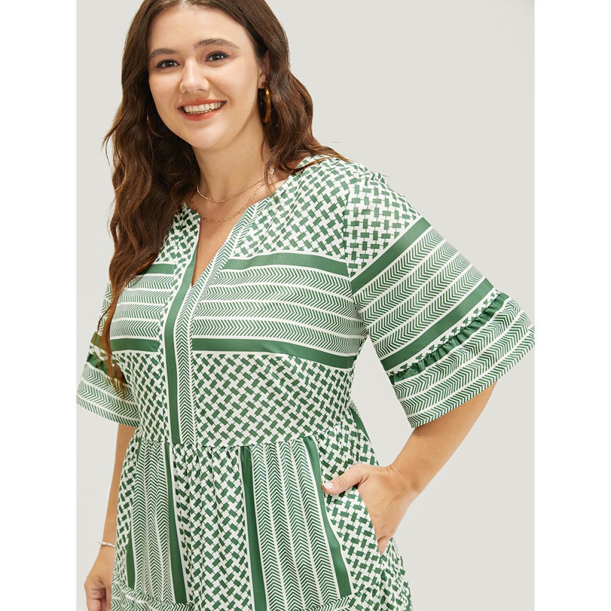 Plus Size Striped Geometric Ruffle Sleeve Patchwork Pocket Flutter Dress Mint Women Vacation Patchwork V-neck Elbow-length sleeve Curvy Midi Dress BloomChic 30/6X Product Image