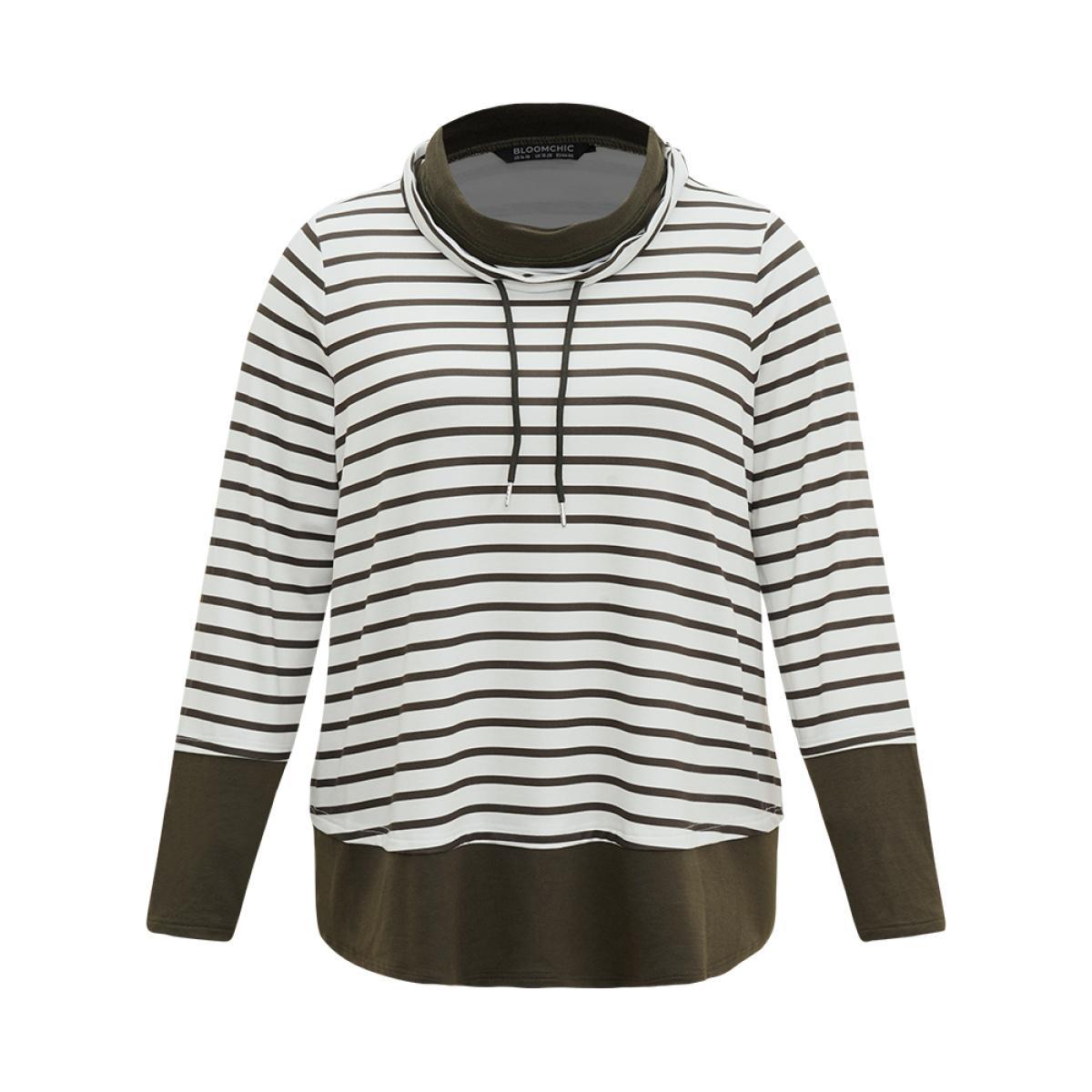 Plus Size Halloween Striped Patchwork Contrast Drawstring Sweatshirt Women Green Casual Contrast Turtleneck Festival-Halloween Sweatshirts BloomChic 14-16/1X Product Image