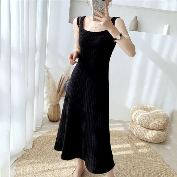 Sleeveless Square Neck Plain Midi A-Line Knit Dress Product Image