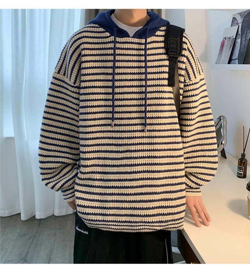 Hooded Drawstring Striped Oversized Sweater Product Image