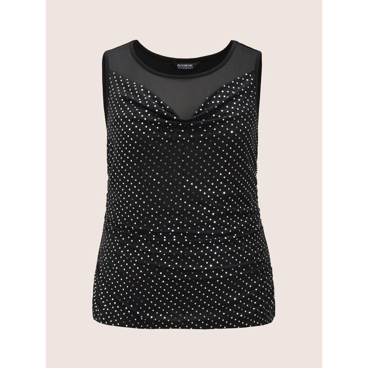 Plus Size Glitter Cowl Neck Patchwork Mesh Tank Top Women Black Cocktail Rhinestone detailing Round Neck Party Tank Tops Camis BloomChic 28/5X Product Image