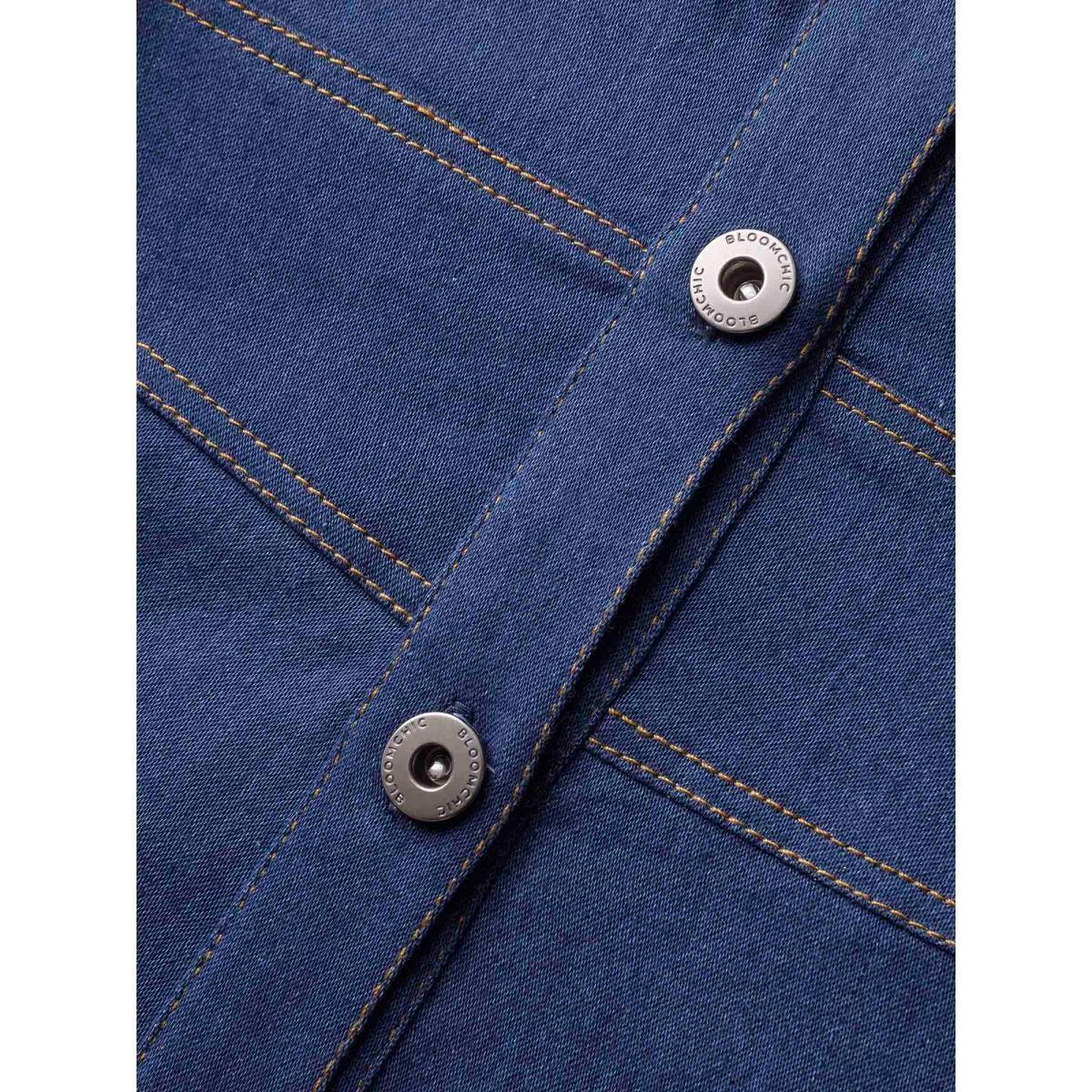 Plus Size Stretch Denim Seamed Flare Jumpsuit Midblue Women Button Medium stretch Vacation Patch pocket Resort Denim Jumpsuits BloomChic 28/5X Product Image