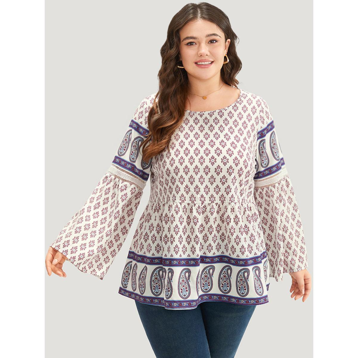 Plus Size Beige Boho Print Patchwork Lace Crew Neck Flutter Sleeve Blouse Women Vacation Long Sleeve Round Neck Vacation Blouses BloomChic 28/5X Product Image