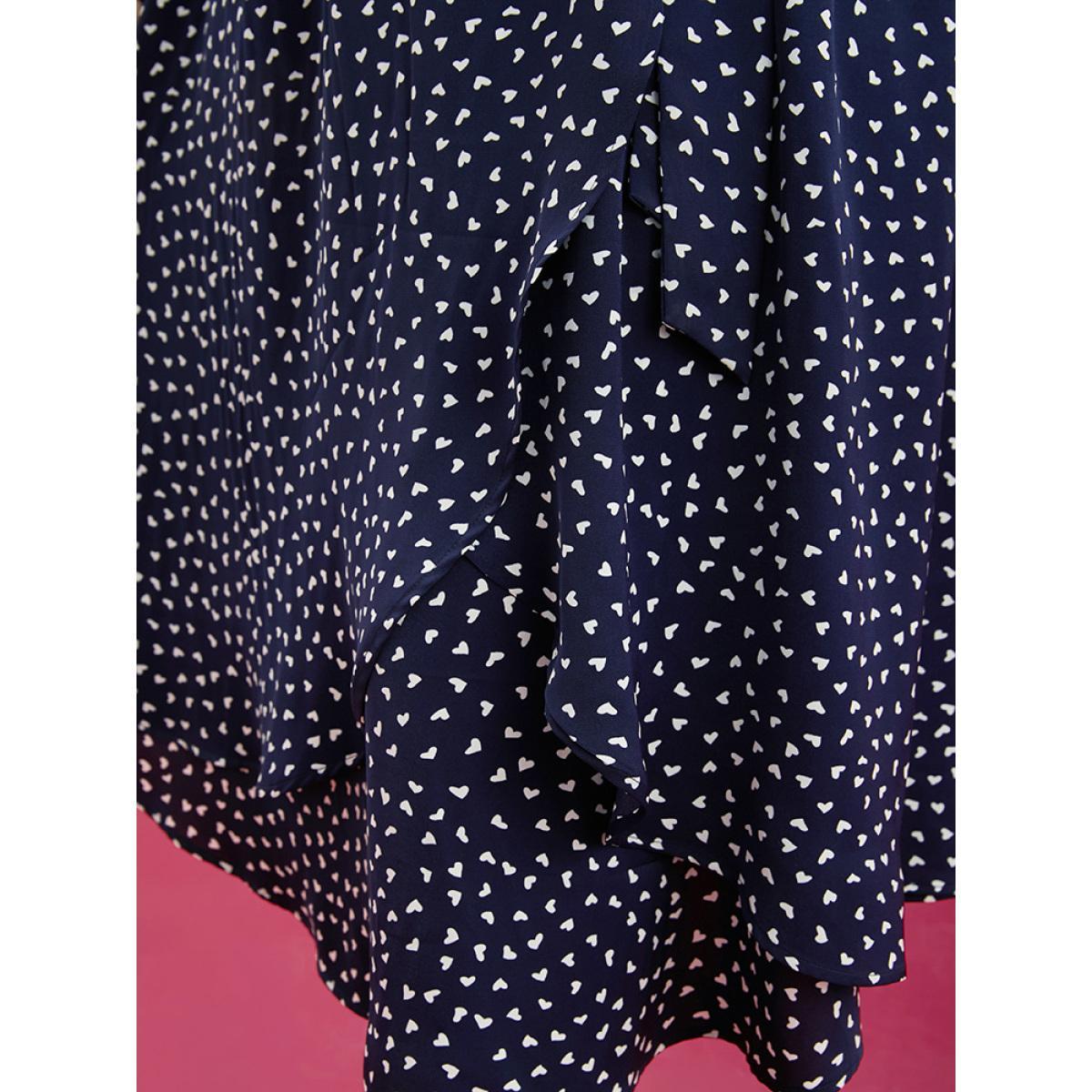 Plus Size Heart Print Surplice Neck Pocket Asymmetrical Belted Flutter Dress Navy Women Elegant Pocket V-neck Long Sleeve Curvy Midi Dress BloomChic 18-20/2X Product Image