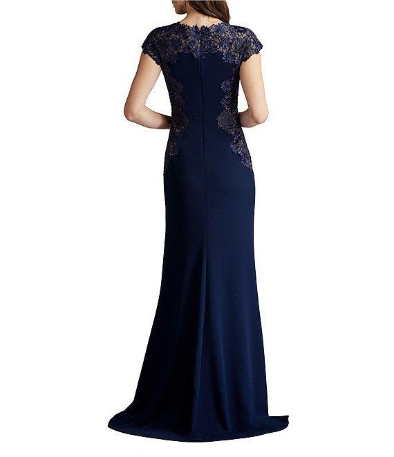 Tadashi Shoji Crepe Floral Embroidered Boat Neck Cap Sleeve Pleated Gown Product Image