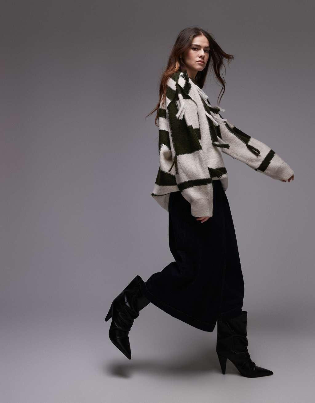 Topshop knit tassel patchwork oversized sweater in green and ecru Product Image